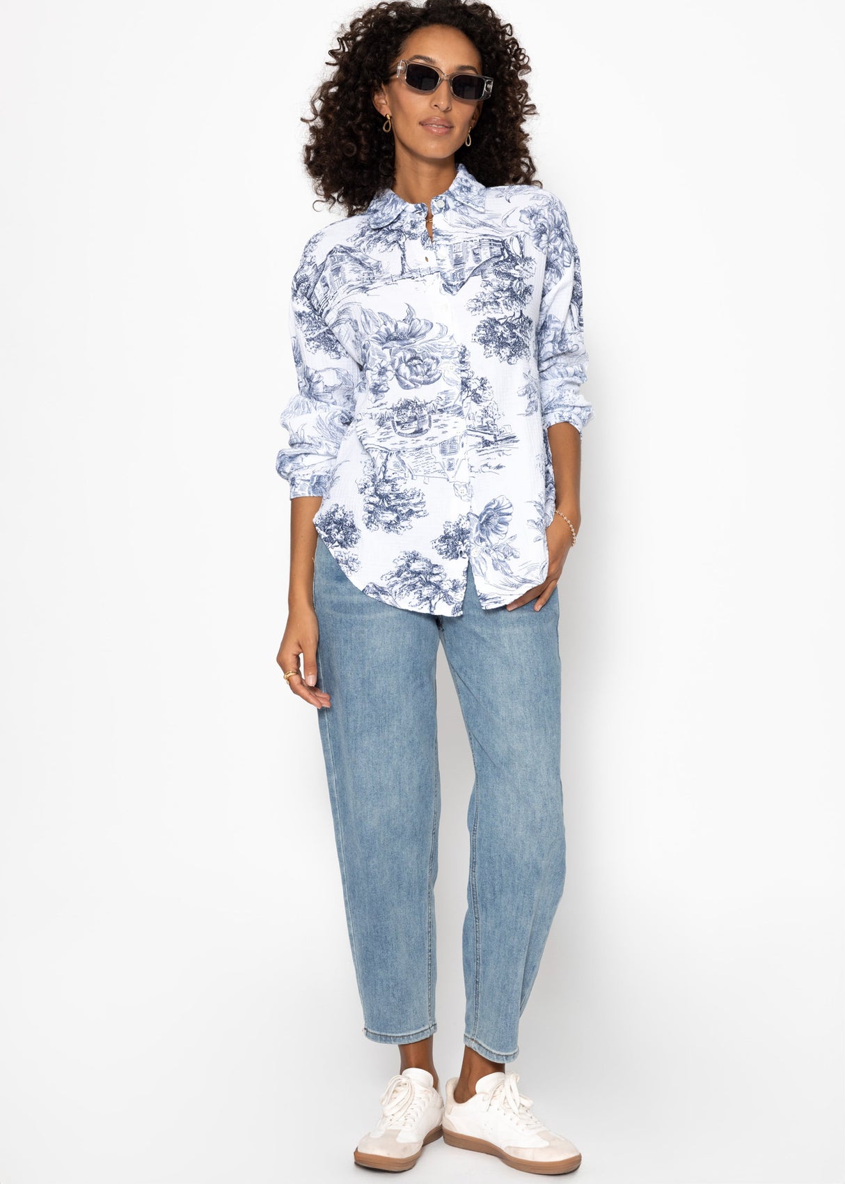 Oversize muslin blouse with print - dark blue