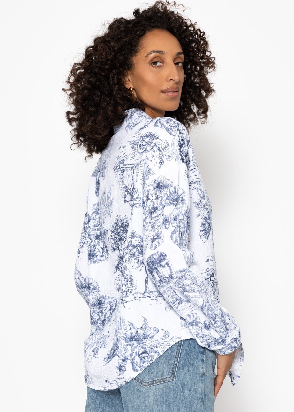Oversize muslin blouse with print - dark blue