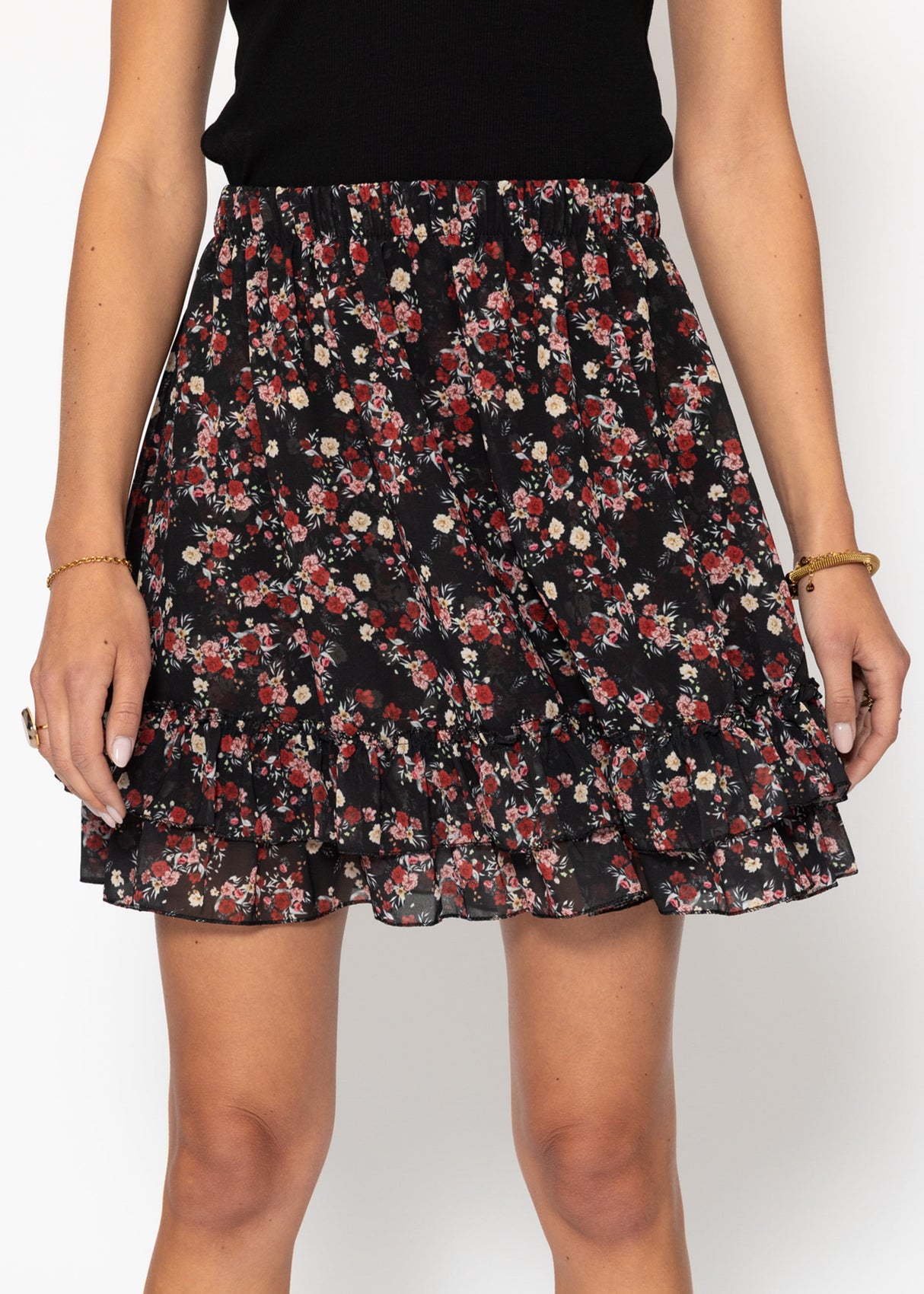 Flounce skirt with ruffles and floral print - black