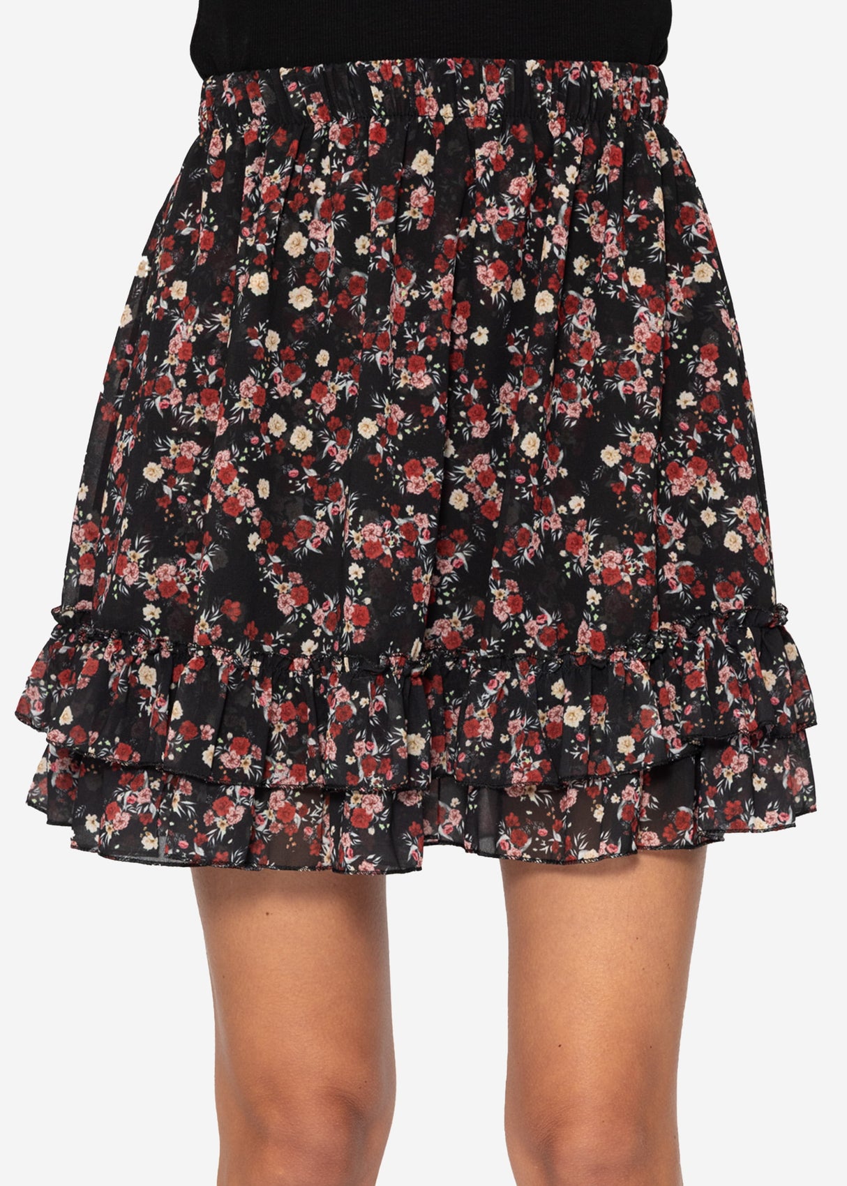 Flounce skirt with ruffles and floral print - black