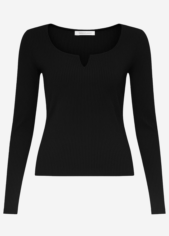 Ribbed long-sleeved top - black