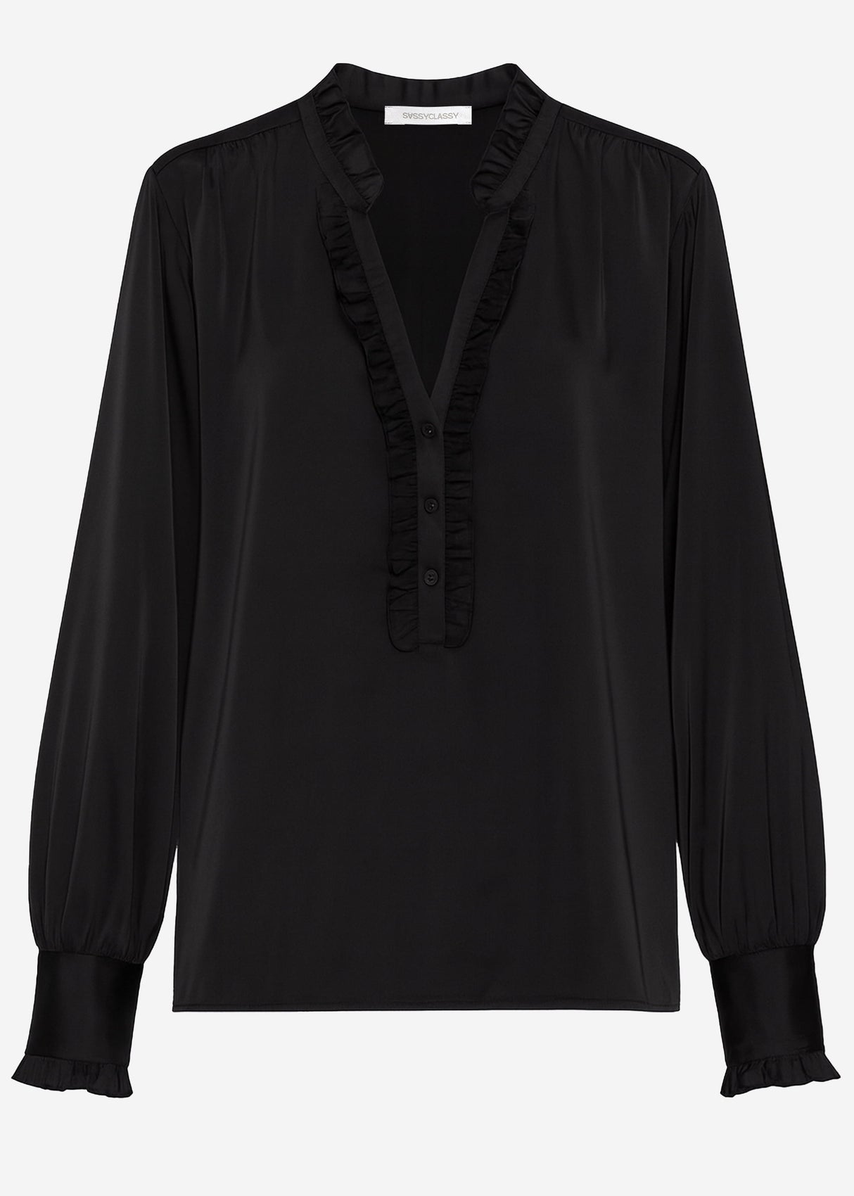 Satinbluse mit Rüschen - schwarz