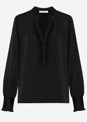 Satinbluse mit Rüschen - schwarz