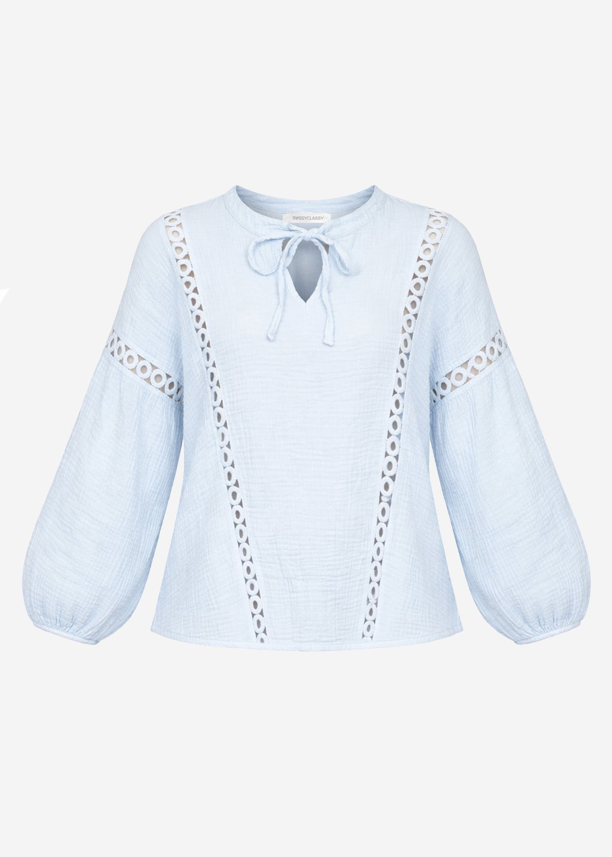 Bluse aus Musselin mit Spitzeneinsatz - hellblau