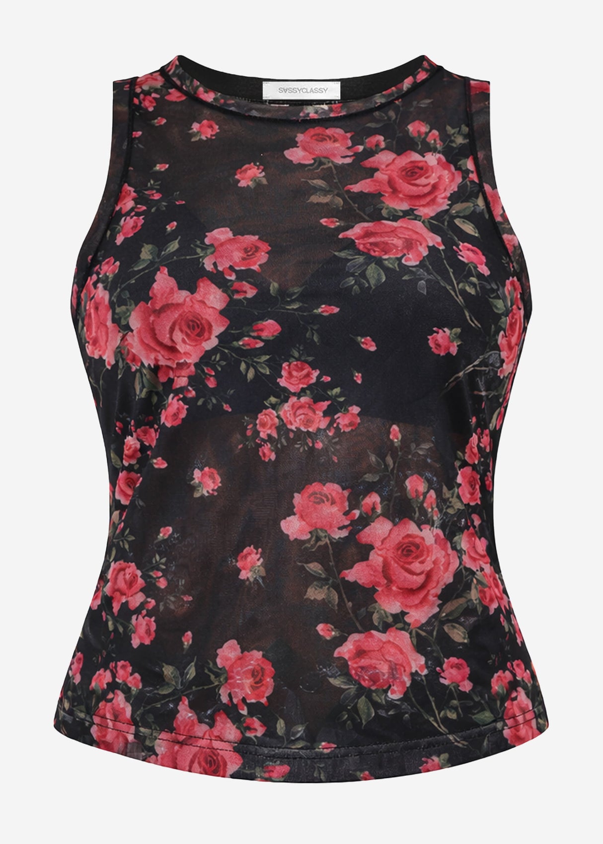 Mesh top with floral print - black