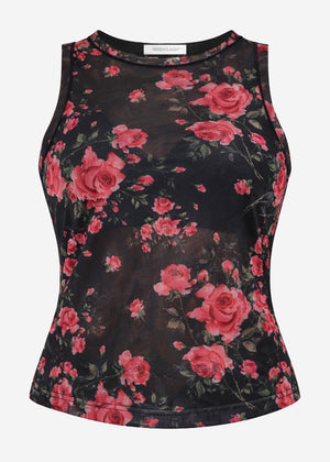 Mesh top with floral print - black