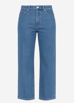 High-waisted jeans with diagonal zipper - blue
