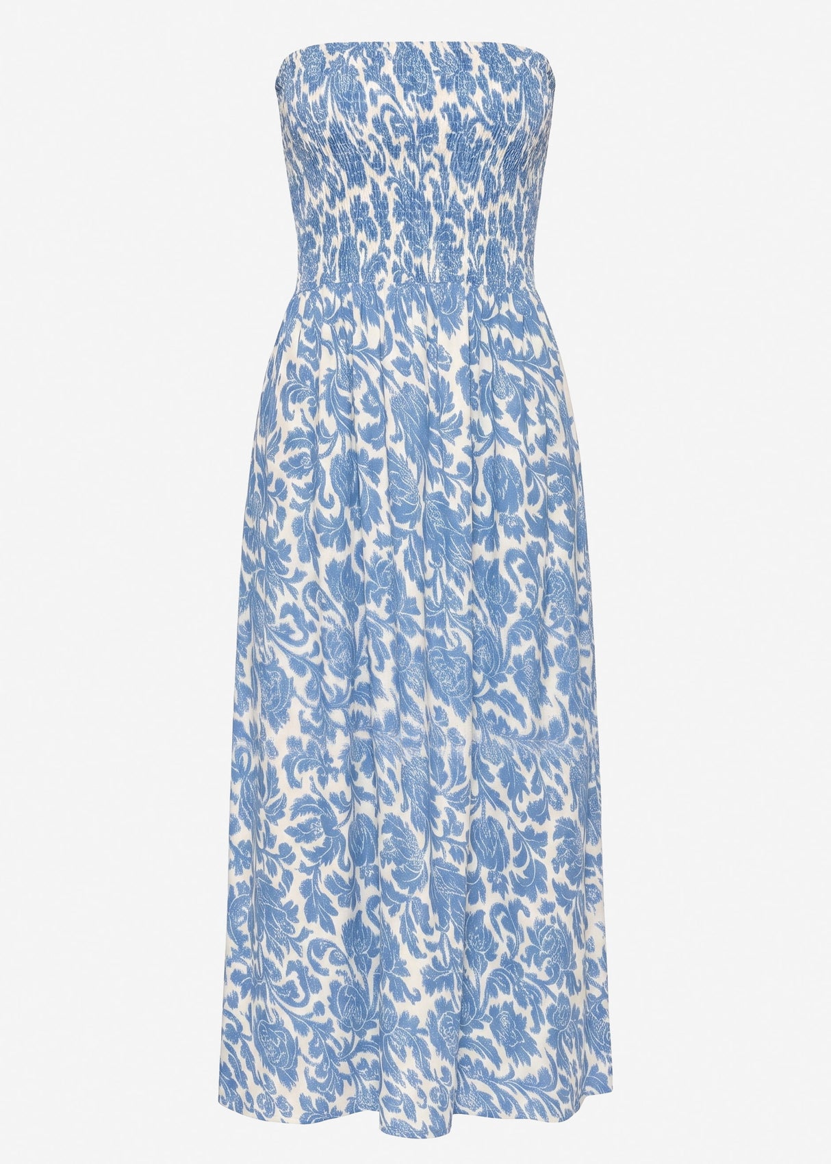 Smoked bandeau dress with print - jeans blue