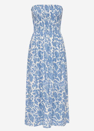 Smoked bandeau dress with print - jeans blue