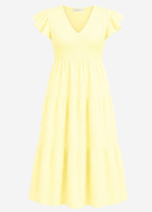 Maxi Musselin dress with ruffles and winged sleeves - butter yellow