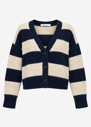 Cardigan with block strips and V-neck-beige-dark blue