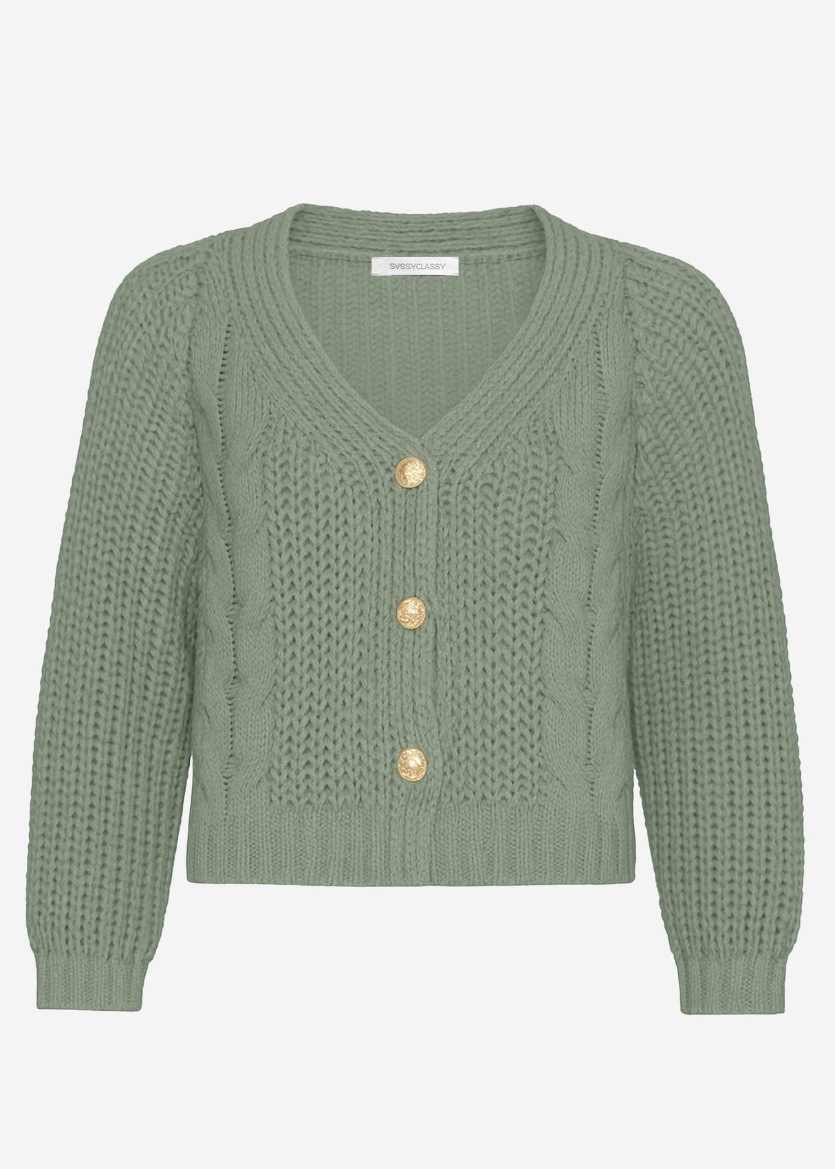 Cable knit cardigan with button placket - sage green