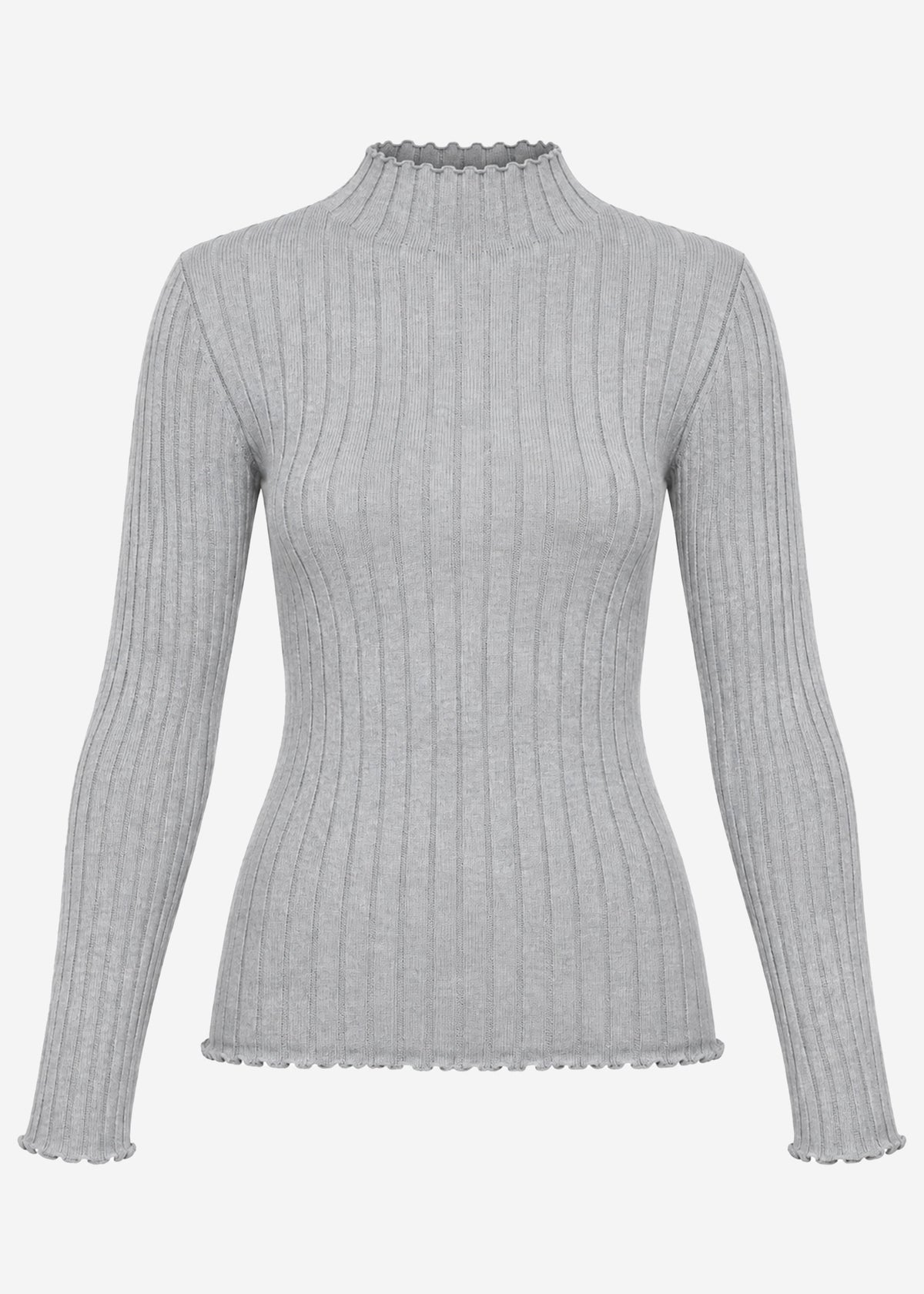 Rib knitting sweater with stand -up collar - gray