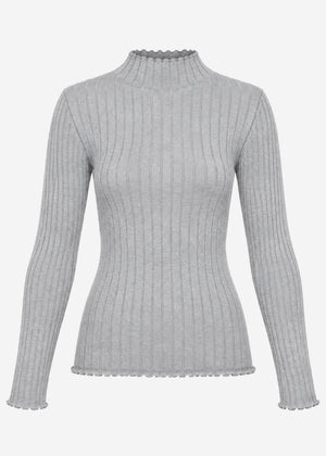 Rib knitting sweater with stand -up collar - gray