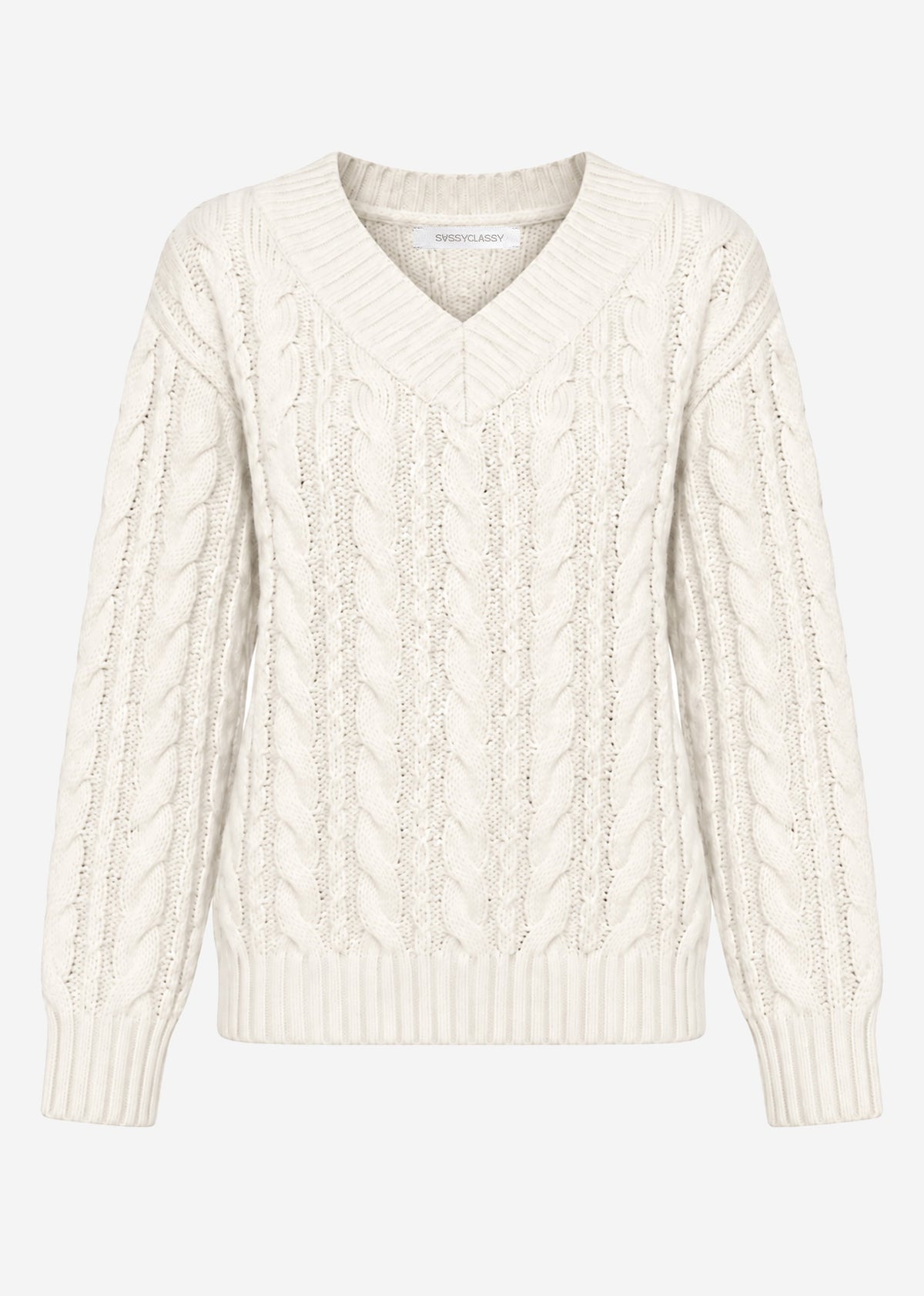 Cable knit sweater with V-neck - off-white