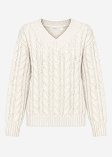 Zopfstrickpullover mit V-Ausschnitt - offwhite