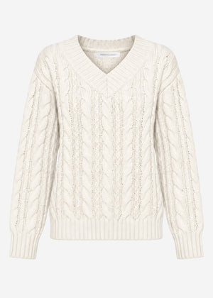 Cable knit sweater with V-neck - off-white