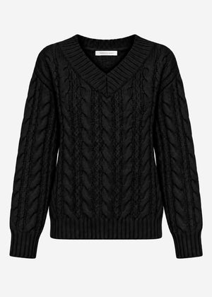 Zopfstrickpullover mit V-Ausschnitt - schwarz