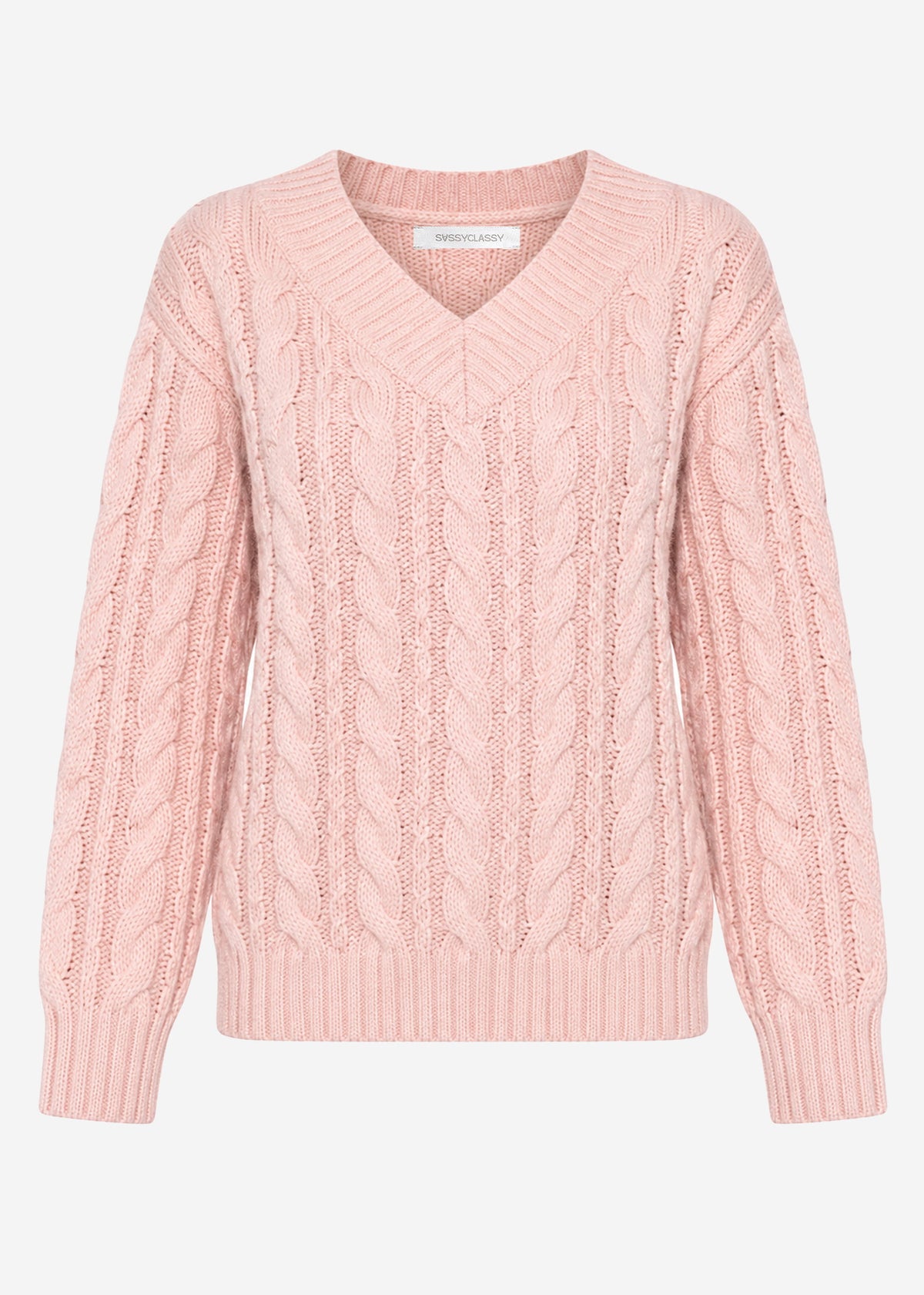 Zopfstrickpullover mit V-Ausschnitt - rosa
