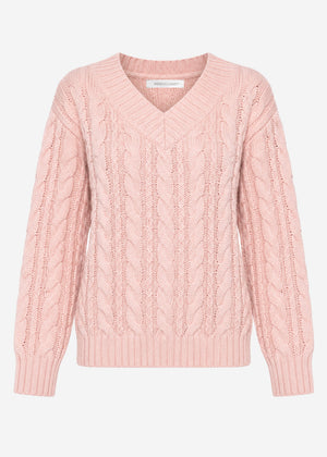 Zopfstrickpullover mit V-Ausschnitt - rosa