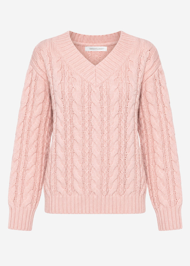 Zopfstrickpullover mit V-Ausschnitt - rosa