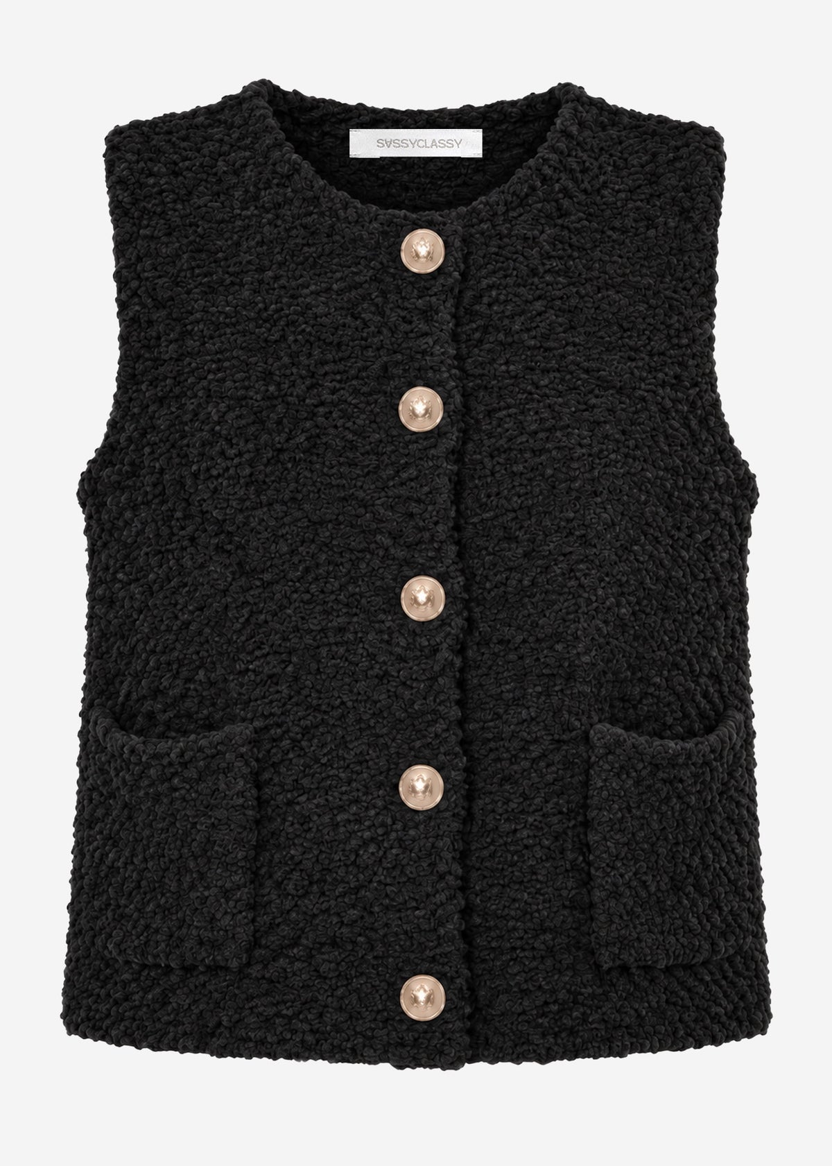 Bouclé-Weste mit Taschen - schwarz