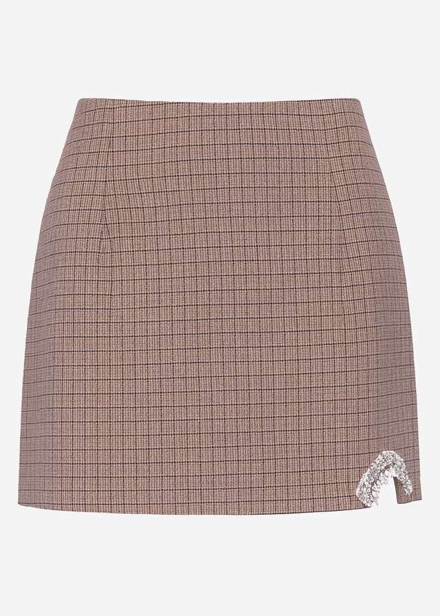 Mini skirt with checked pattern and jewel detail - grey