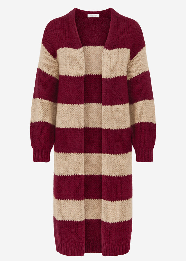 Extra long cardigan with block stripes - burgundy-taupe