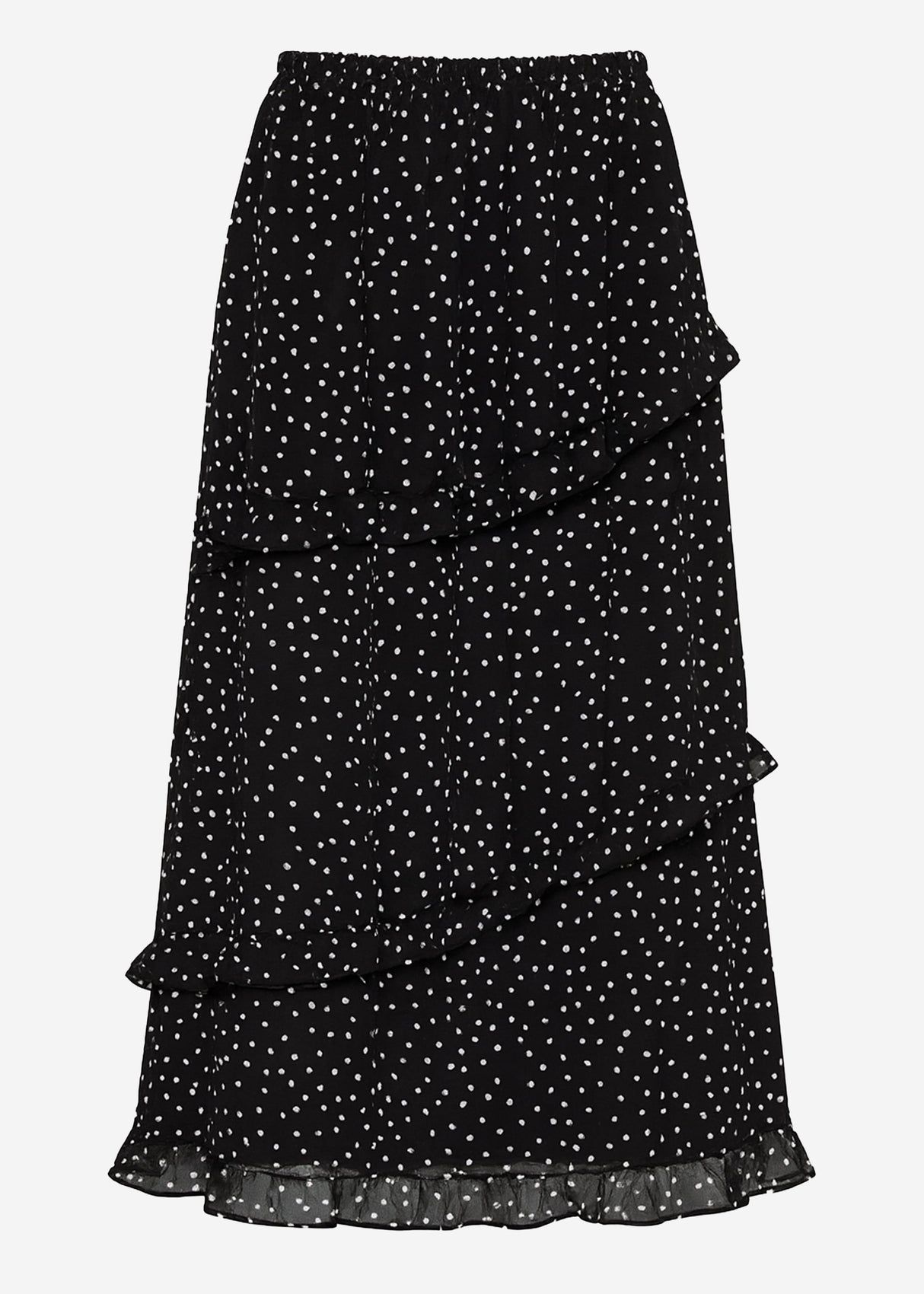 Gepunkteter langer Chiffon Rock mit Rüschen - schwarz