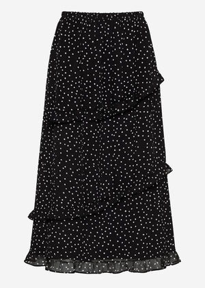 Gepunkteter langer Chiffon Rock mit Rüschen - schwarz