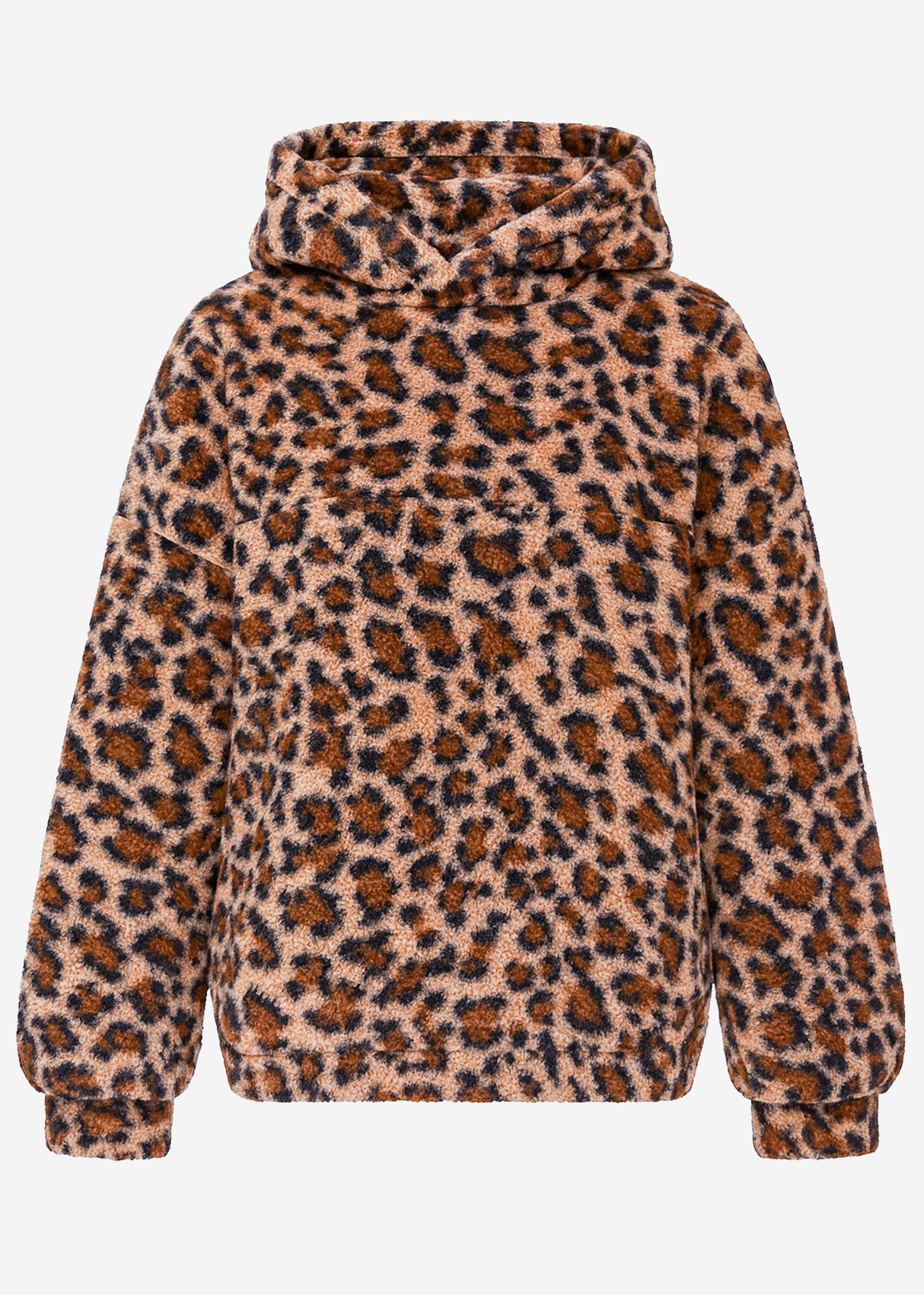 Oversized teddy sweatshirt with hood in leopard print - beige