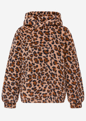 Oversized teddy sweatshirt with hood in leopard print - beige