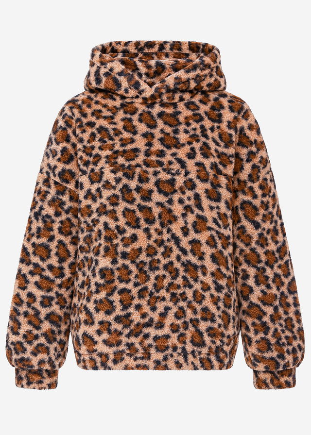 Oversized hooded teddy sweatshirt in leopard print - beige