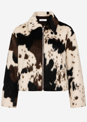 Faux fur jacket with cow print - off-white