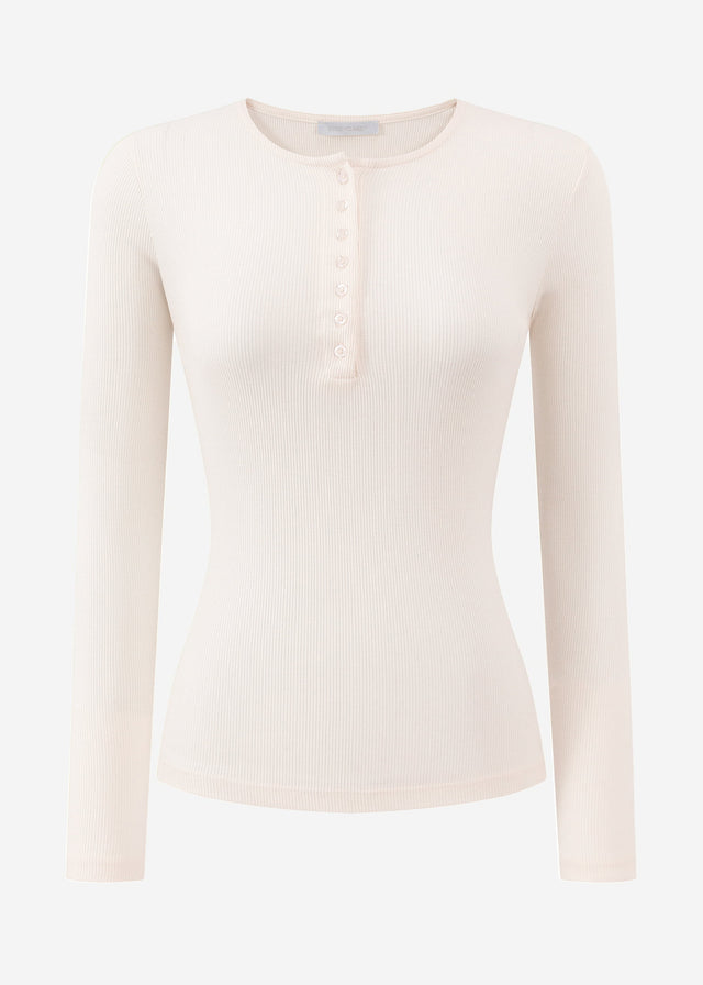 Geripptes Langarmshirt mit Knopfleiste - hellbeige