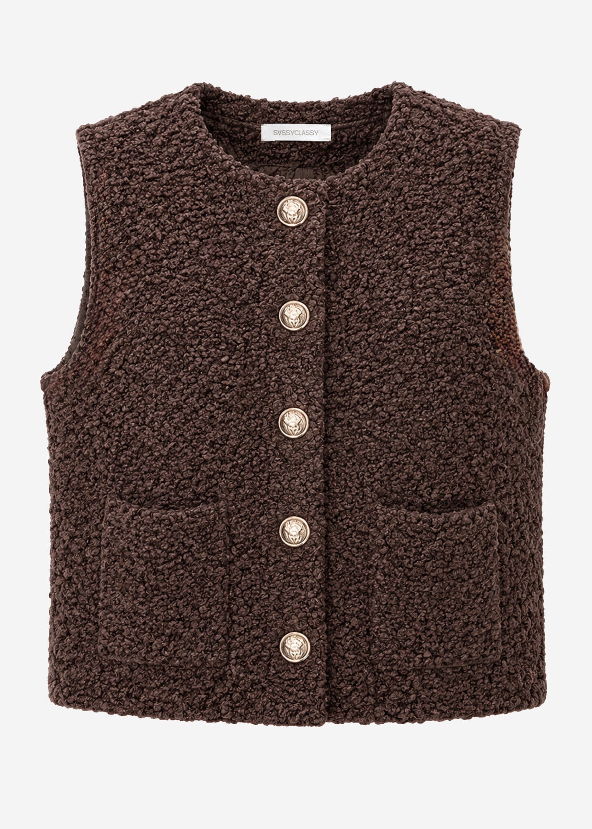 Bouclé-Weste mit Taschen - braun