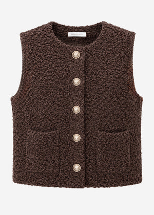 Bouclé-Weste mit Taschen - braun
