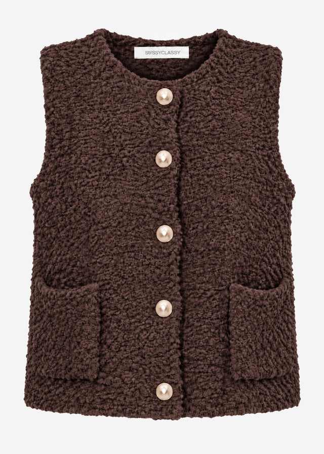 Bouclé-Weste mit Taschen - braun