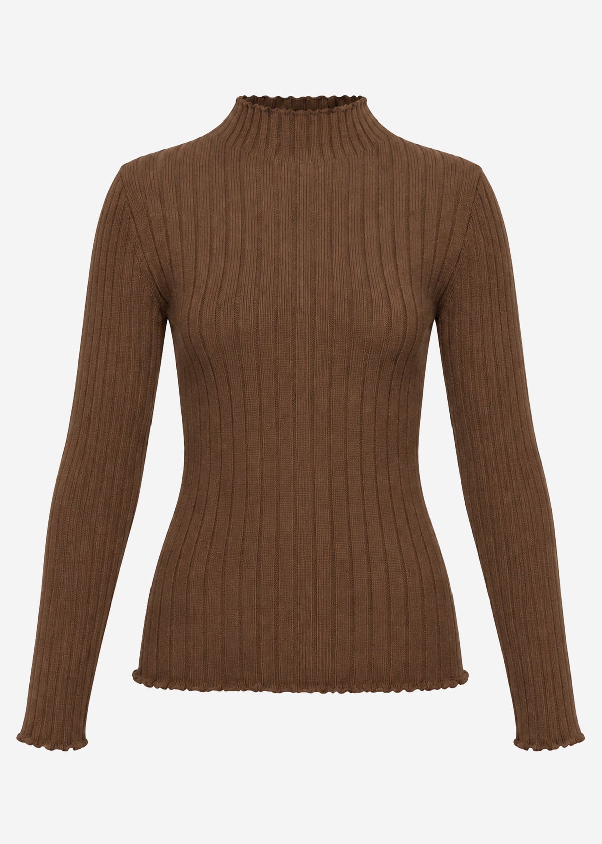Ribbed knit top with stand-up collar - brown