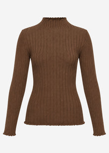 Ribbed knit top with funnel neck - brown