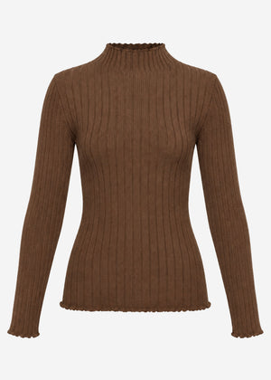 Ribbed knit top with stand-up collar - brown