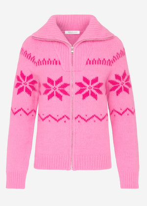 Cardigan with zipper and snowflake pattern - pink