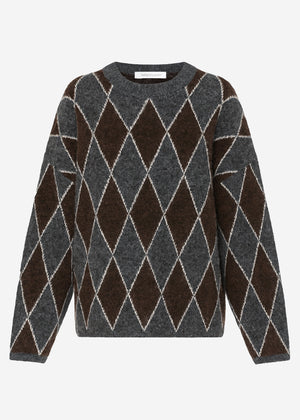 Oversized knit sweater with diamond pattern - gray-brown