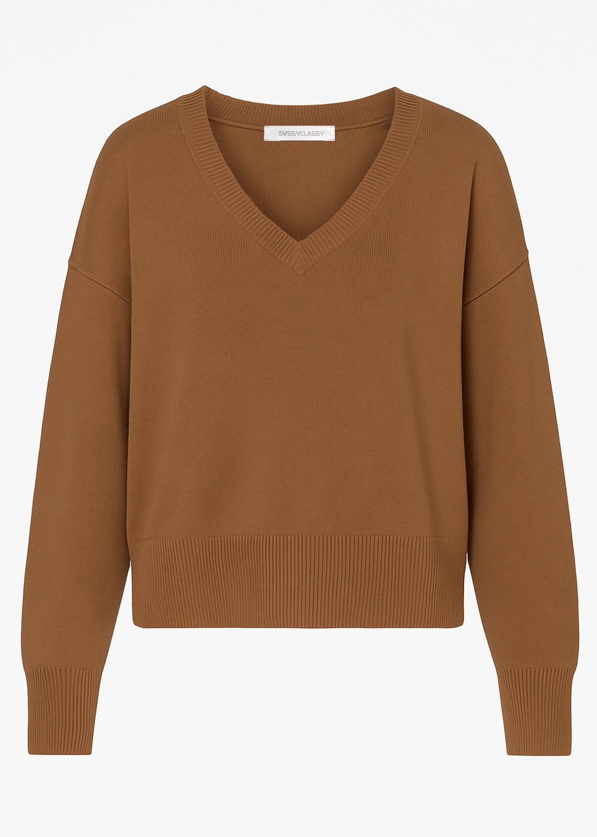 Oversize Baumwoll-Pullover mit tiefem V-Ausschnitt - braun