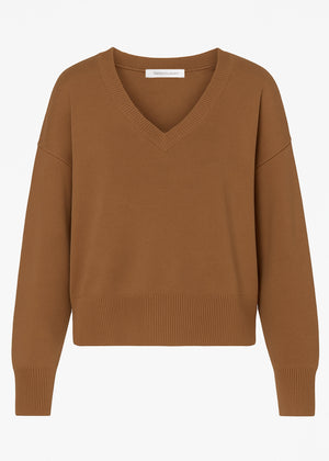 Oversize Baumwoll-Pullover mit tiefem V-Ausschnitt - braun