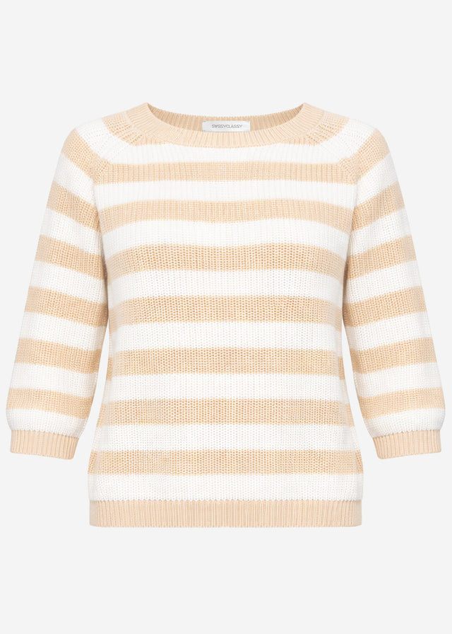 Baumwoll-Pullover mit 3/4-Ärmeln und Streifen - beige-offwhite