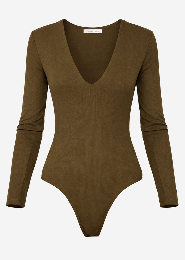 Langarm Body mit V-Ausschnitt - khaki