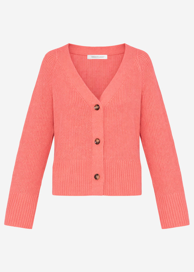 Ribbed cardigan with V-neck - coral
