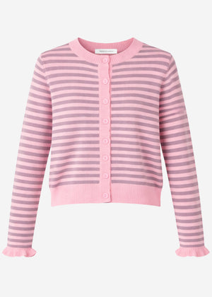 Gestreifte Strickjacke mit Volants - rosa