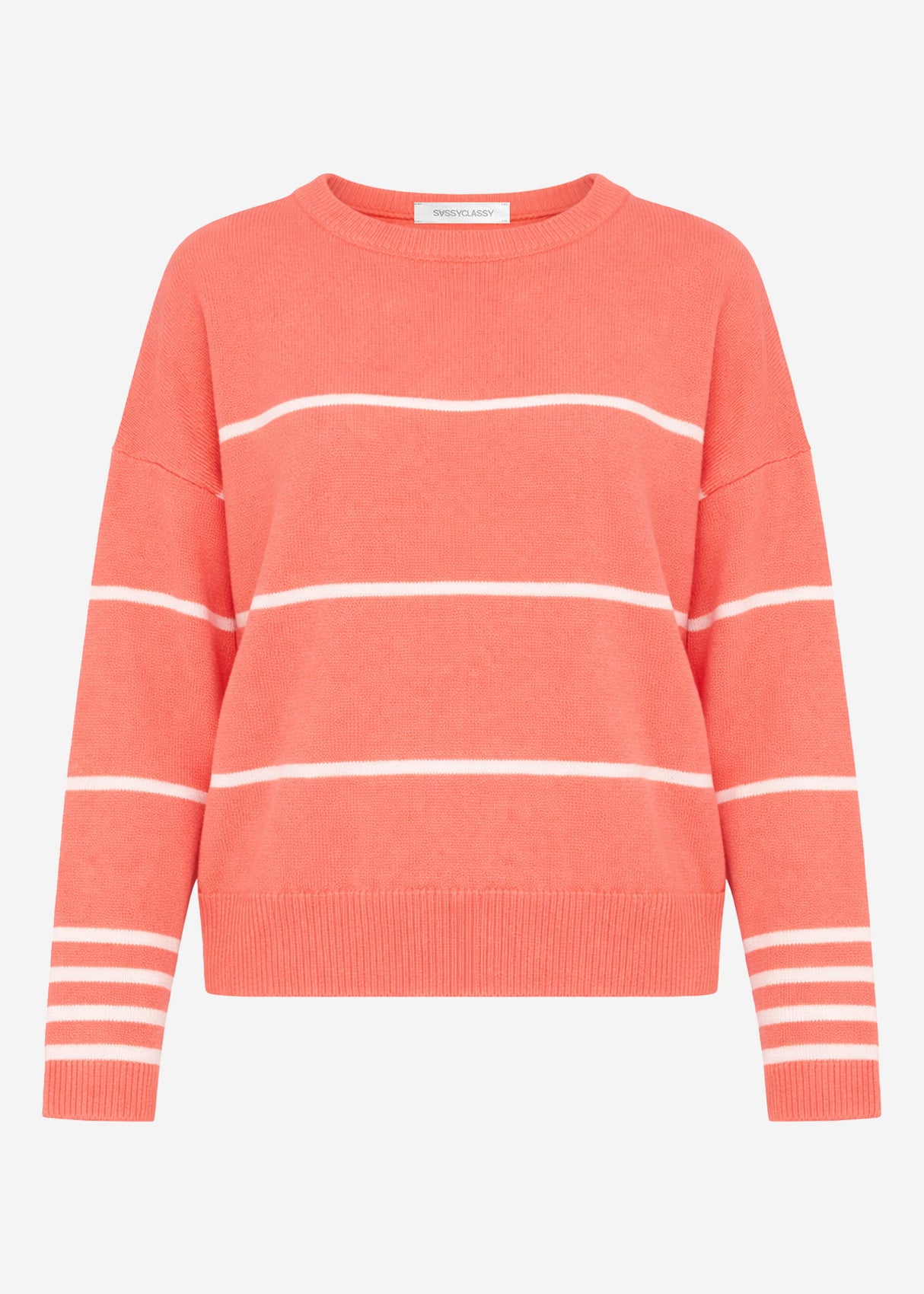 Fine knit sweater with contrasting stripes - coral